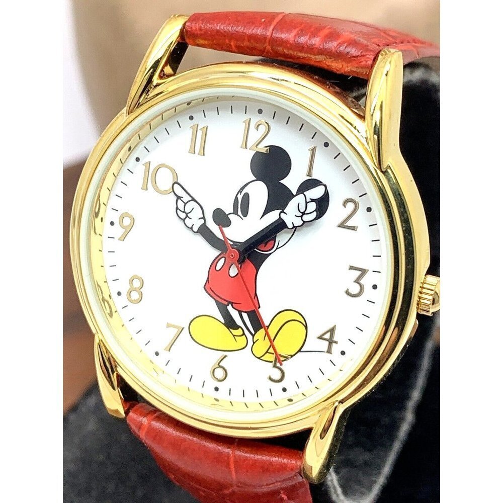 Disney Mickey Mouse Women's Watch White Dial Gold Red Leather Band WDS000407